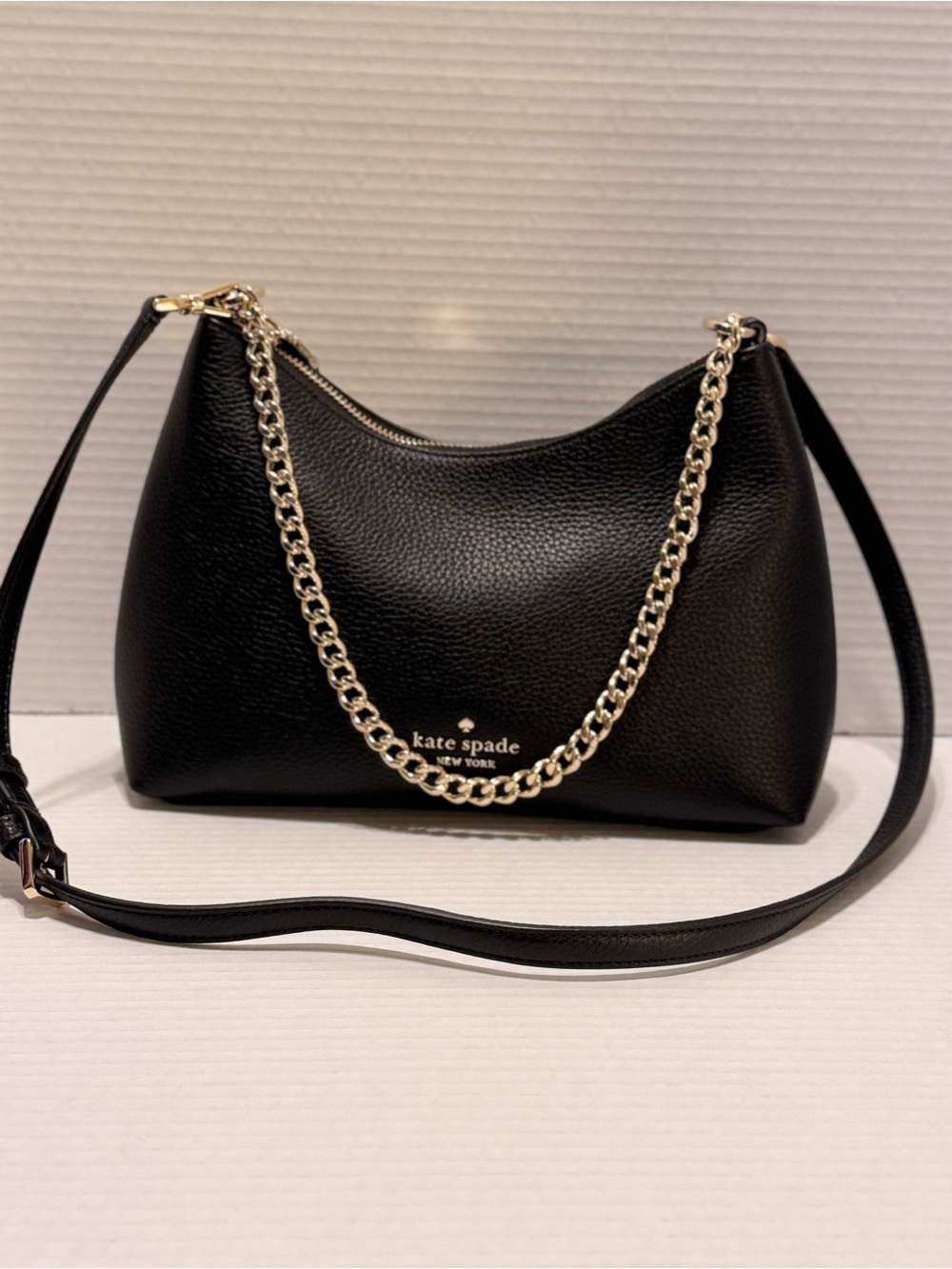 kate spade Black Pebbled Leather Shoulder Bag with Gold Chain
